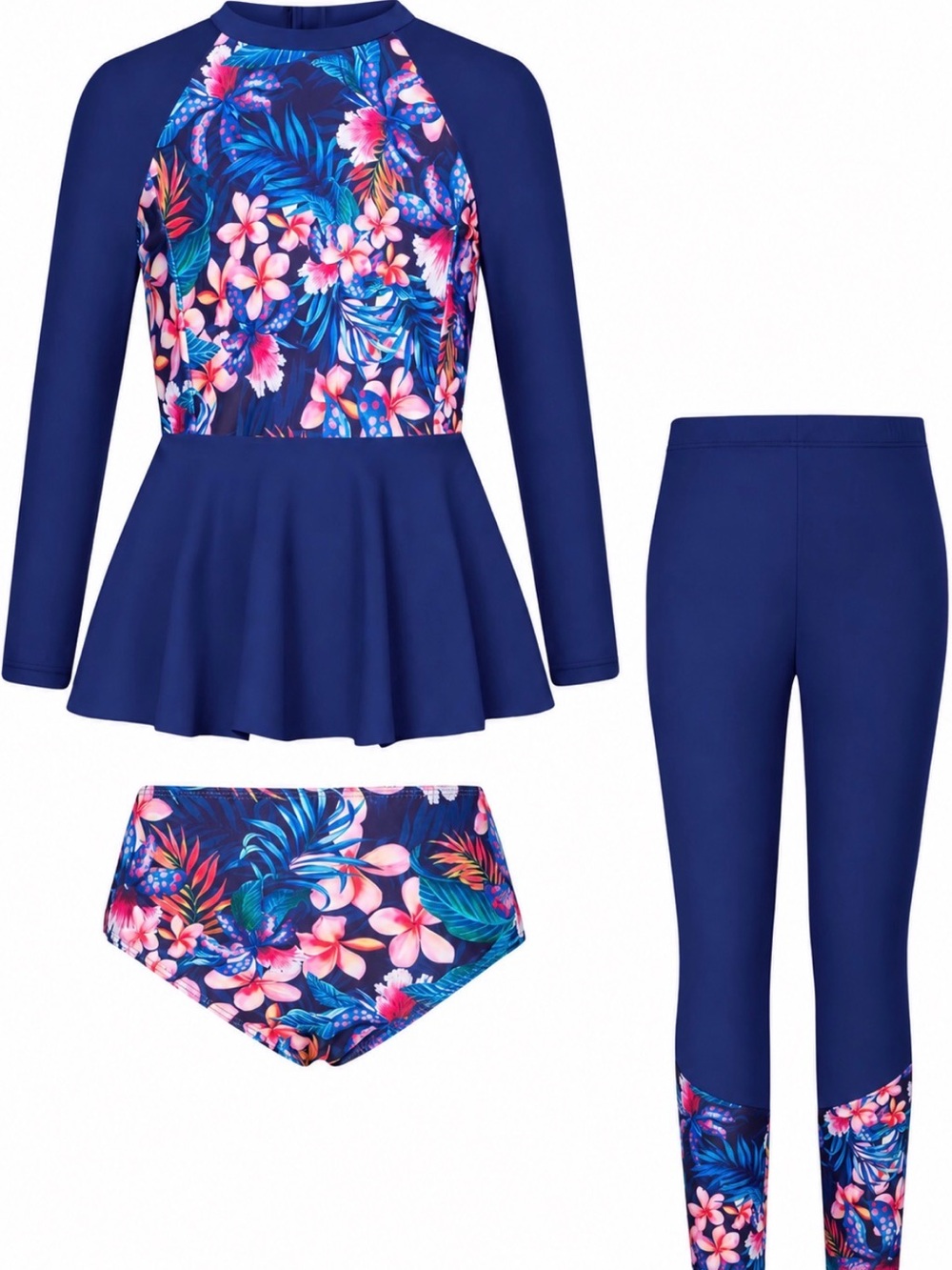 Grace Karin Navy Floral Long Sleeve Swim Set with Skirted Top and Leggings